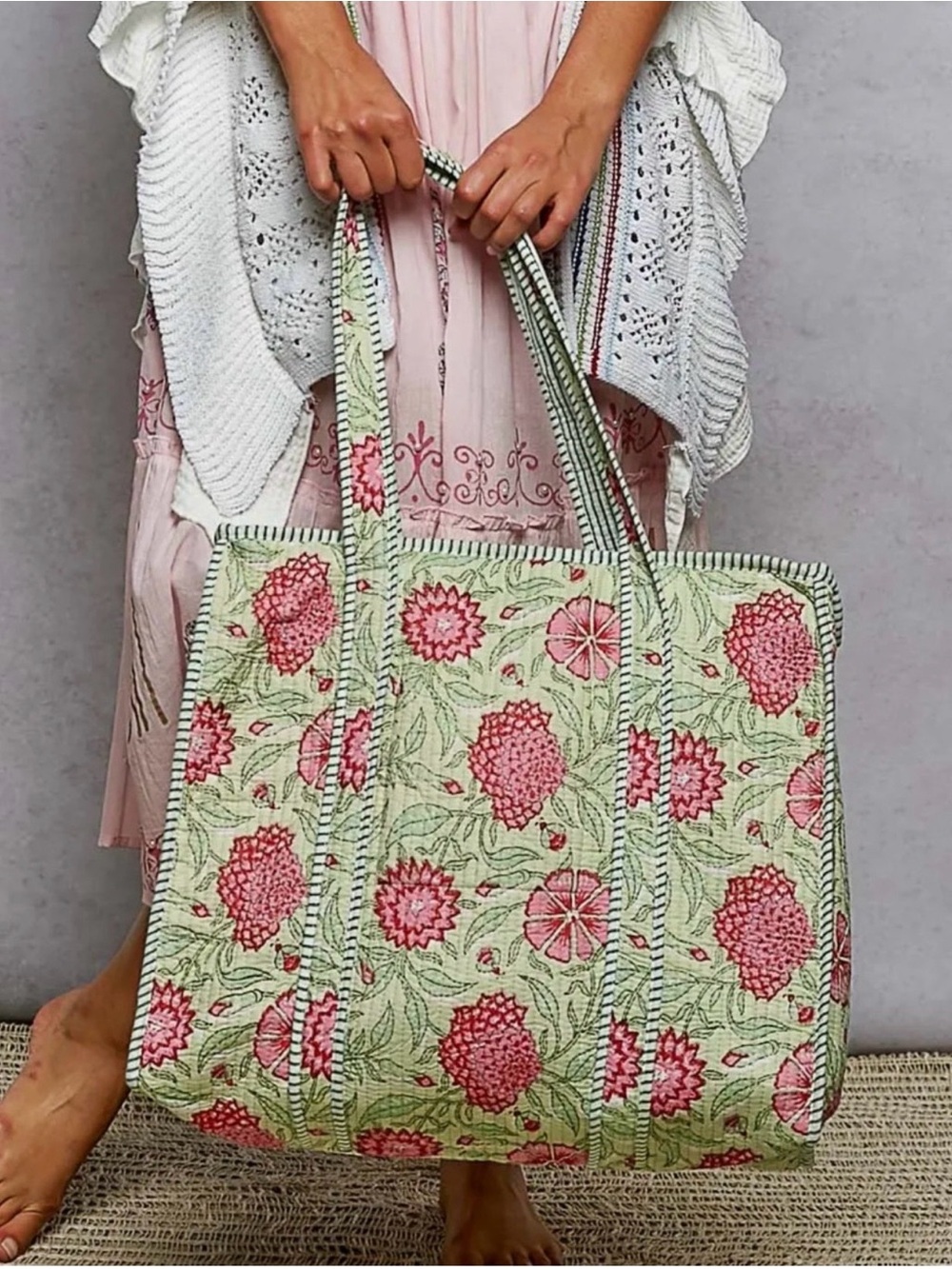 POL Floral Quilted Tote Bag - Pink & Mint - Picture 2 of 4